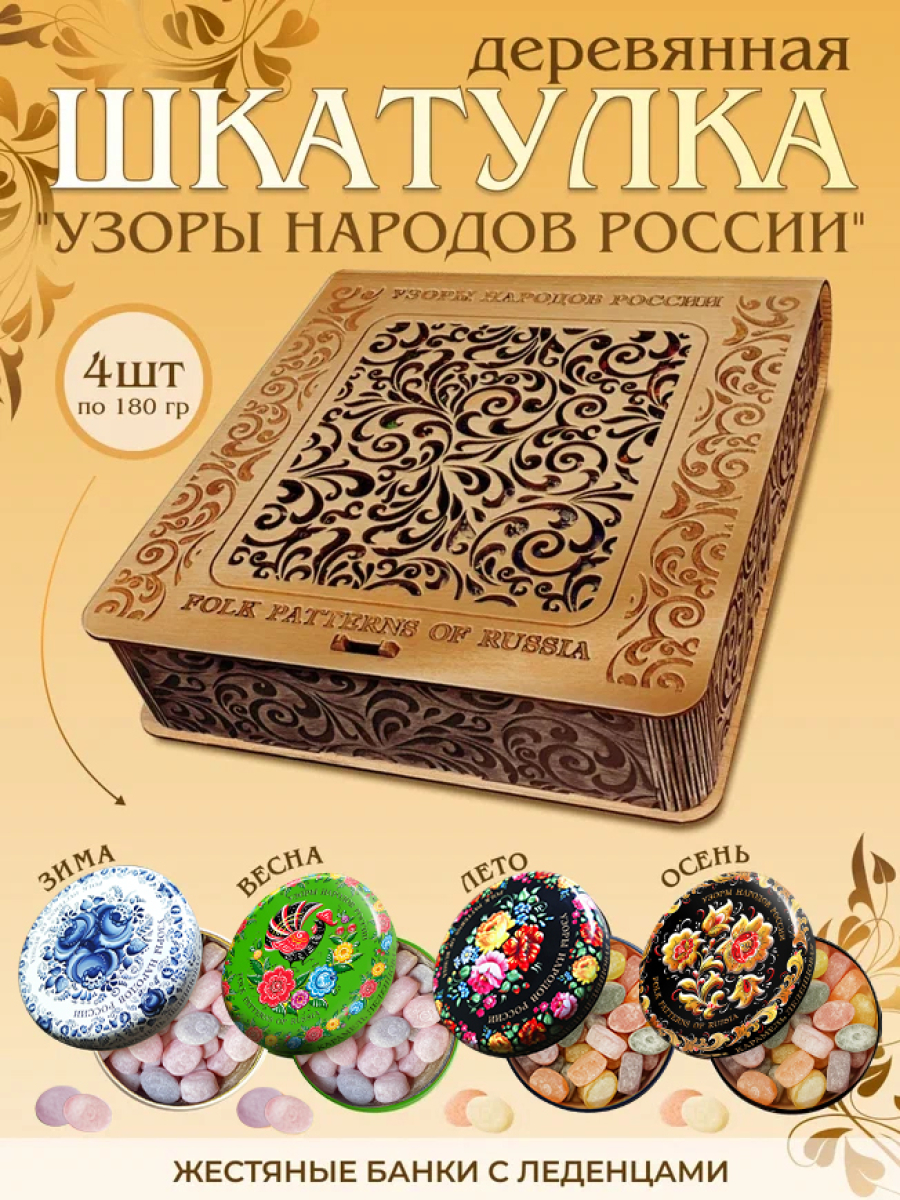 Подарочный набор леденцовой карамели «Узоры России» в деревянной шкатулке, 4 банки по 180 г