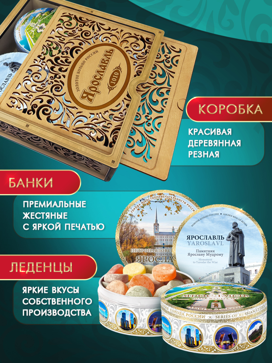 Подарочный набор леденцовой карамели «Ярославль» в деревянной шкатулке, 4 банки по 180 г — изображение 4